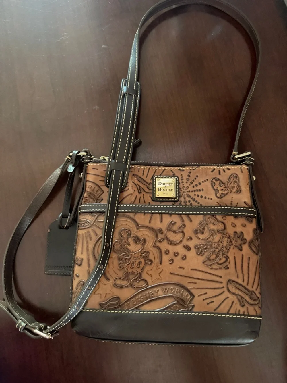 Dooney & Bourke Disney world parks Brown Embossed Leather Crossbody/Dark Trim - Picture 15 of 16